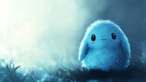 Fluffy blue creature sits in glowing misty meadow clearing