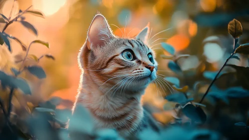 Tabby Cat with Blue Eyes in Golden Garden Light.