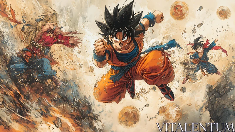 Dynamic anime warriors in midair charge with debris and orbs