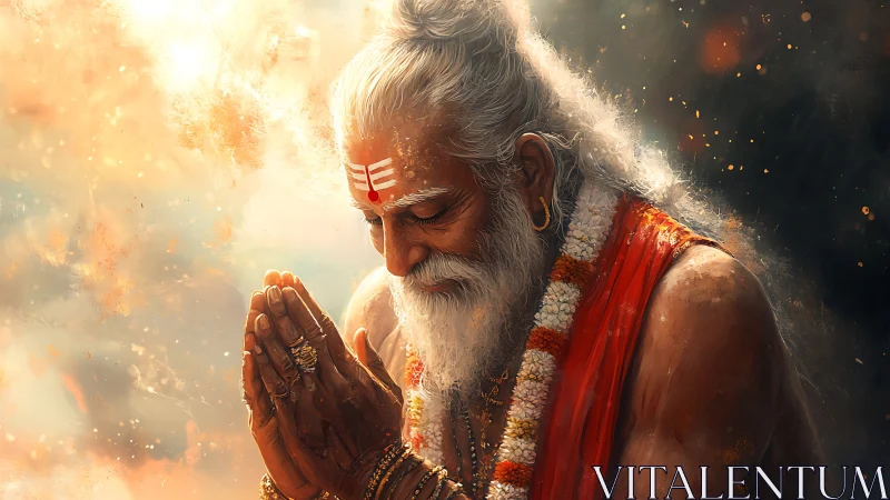 Elderly Hindu sage in prayer under glowing celestial light