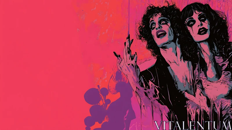 Stylized horror couple on neon pink textured background.