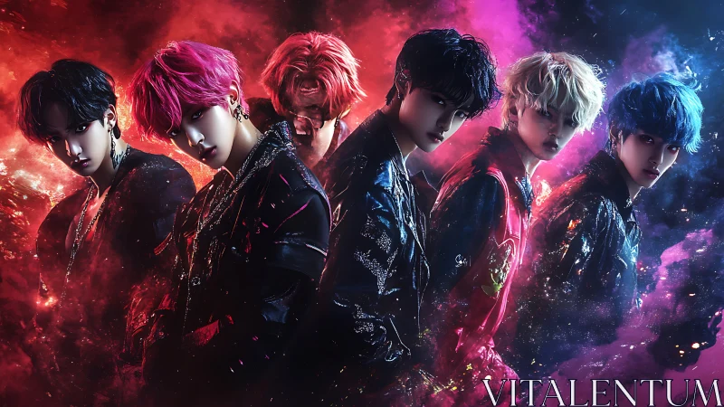 Six stylized male figures amid red and blue nebula clouds.