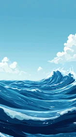 Digital seascape illustration shows stylized mid-ocean waves