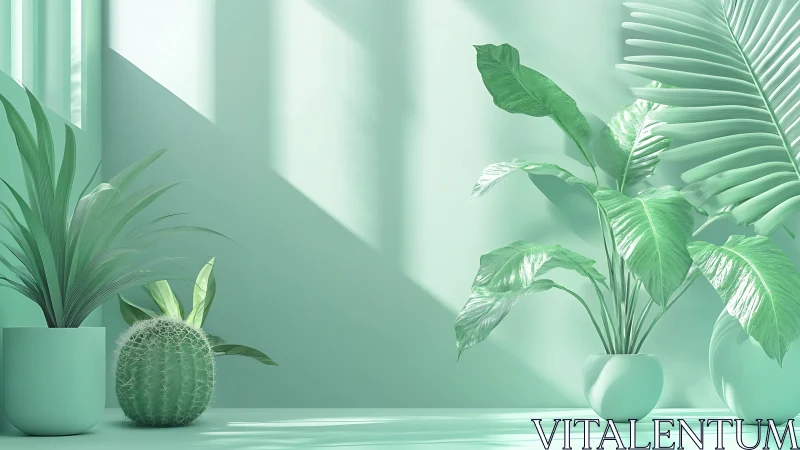 Monochrome mint indoor plants in hard sunlight, minimal set