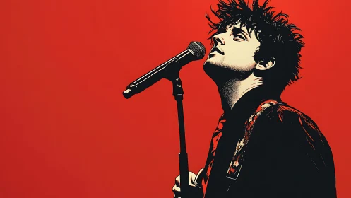 Vector pop art vocalist profile against solid red backdrop