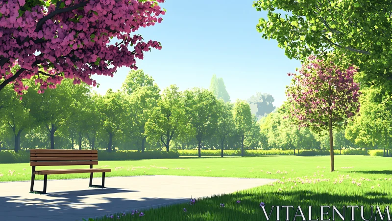 Sunny park bench under gentle spring blossom shade.