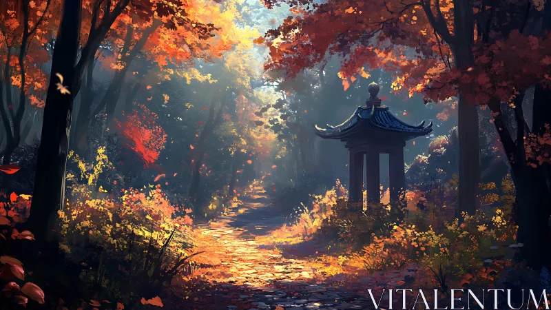 Autumn forest path leads to pavilion under filtered light