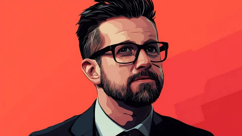 Bold portrait of a thoughtful man against vivid coral sky.