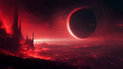 Crimson exoplanet eclipse over volcanic alien megastructures