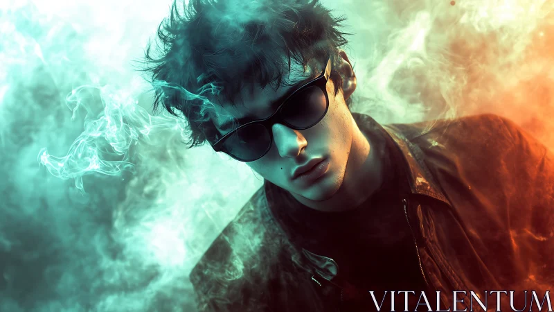 Chromatic smoke portrait with bicolor atmospheric lighting.