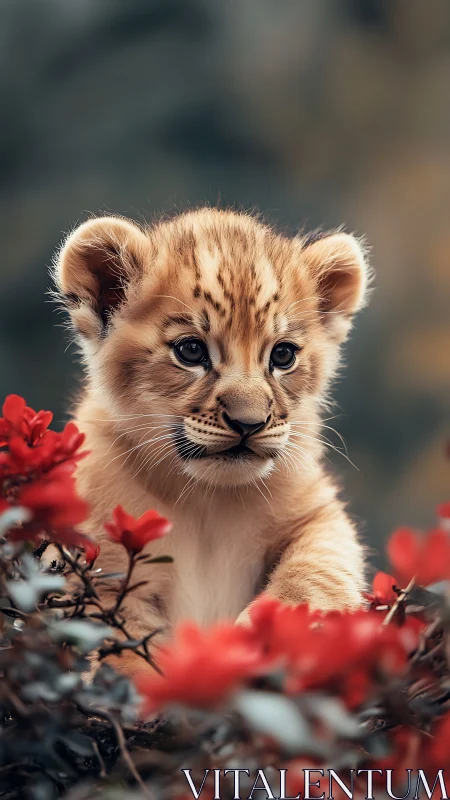 Baby lion cub gazing through vivid red blossoms softly.