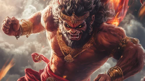 Mythic lion headed warrior in dynamic forward motion.