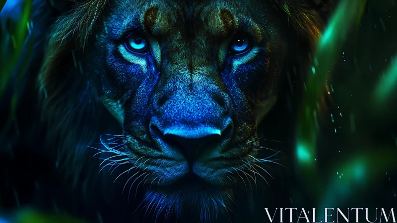 Majestic neon-lit lion stares through jungle shadows at night