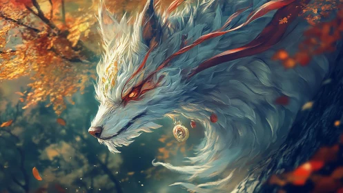 Mythic white fox spirit amid swirling autumn foliage.
