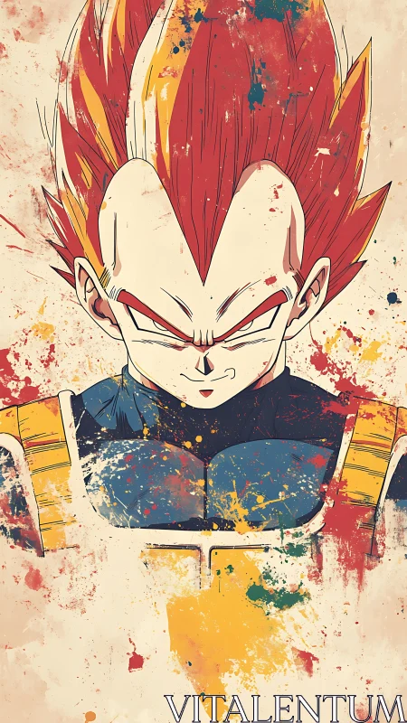 Armored anime warrior glares amid bold splatter strokes