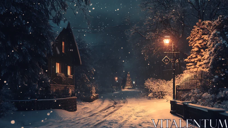 Digital painting of lamplit snowy village lane at nightfall.