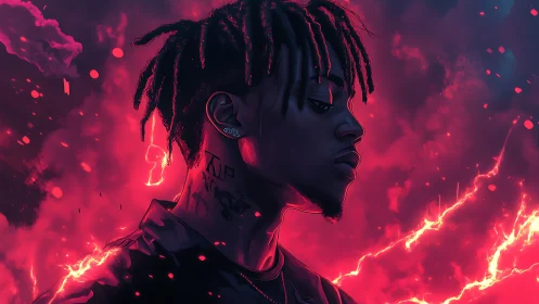 Neon-lit portrait of brooding man amid electric clouds.