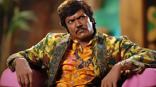 Gold-clad daydreamer stares upward in glittering defiance