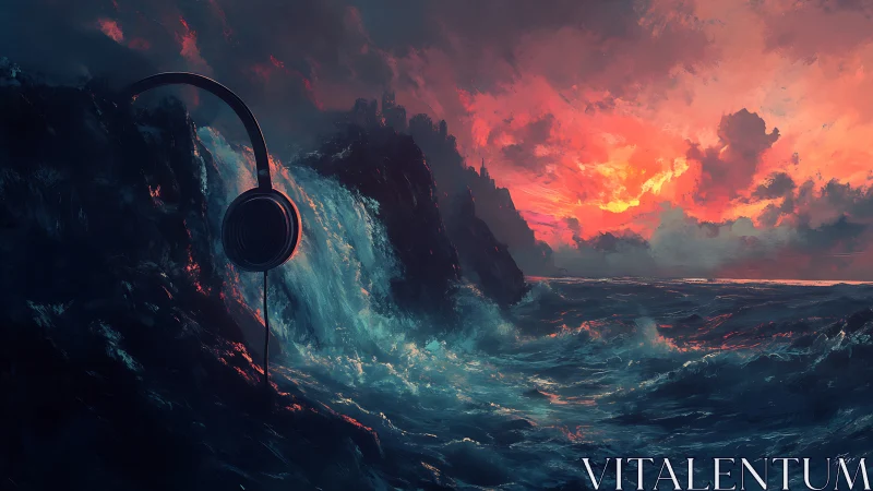 Headphone silhouette intersects rocky waterfall and turbulent sea