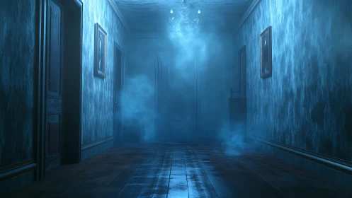 Fog filled blue corridor extends toward closed distant door