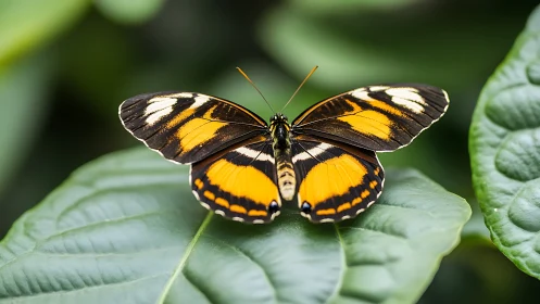 Orange and black butterfly resting on green leaf surface.