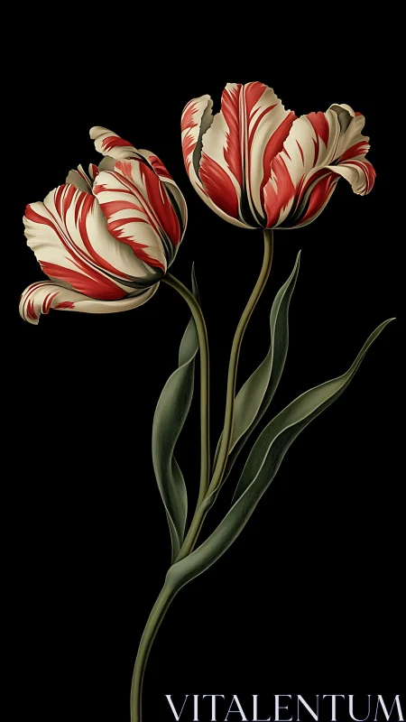 Red and White Striped Tulips. Classical Botanical.