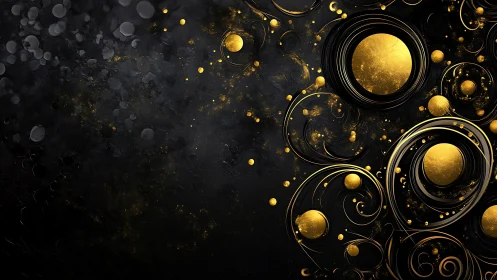 Gold circular forms on dark textured abstract background.