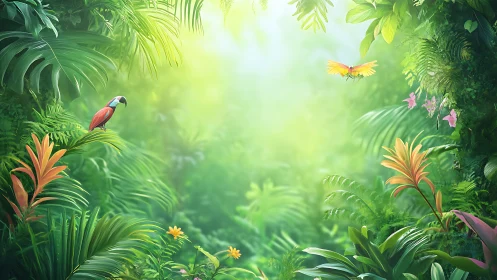 Luminous tropical rainforest clearing with parrots and dense foliage