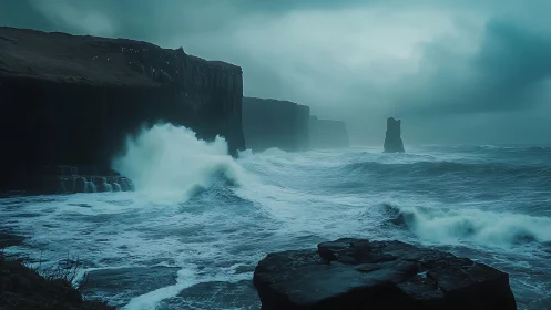 Storm-driven Atlantic swells impacting basalt sea cliffs at dusk