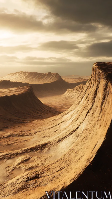 Sweeping desert cliffs under muted late day sunlight.