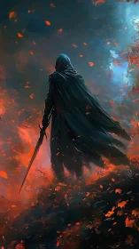 Hooded swordsman strides through ember storm in dynamic chiaroscuro