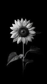 Monochrome sunflower stands in dramatic studio darkness