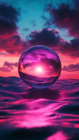 Luminous glass sphere reflects neon sunset over liquid waves