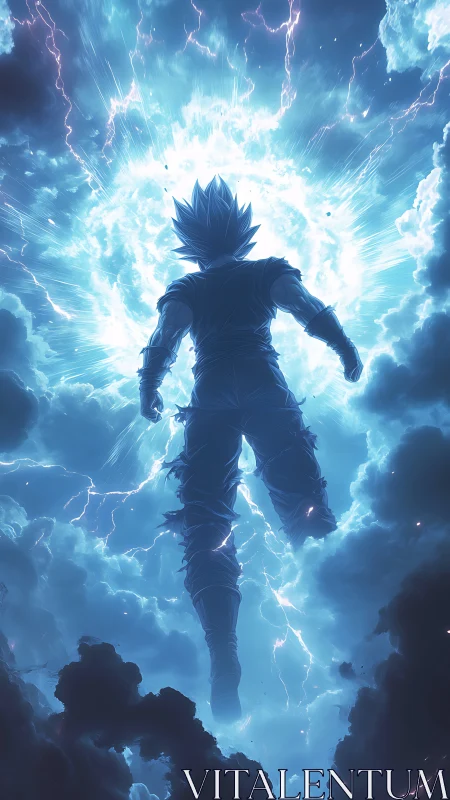 Anime energy ascension amid storm-lit celestial vortex composition.