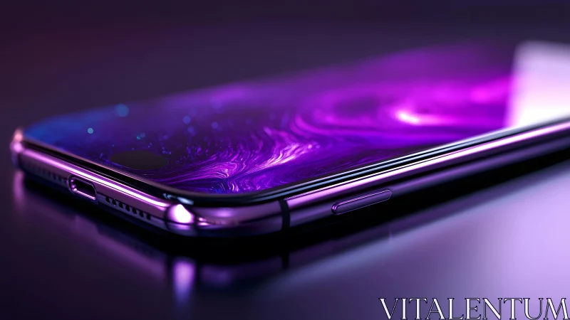 Sleek modern smartphone with vibrant purple glowing screen, futuristic style.