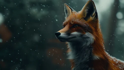 Red fox side profile in snowfall within dark forest setting.