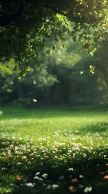 Sunlit garden clearing with wildflowers and tree canopy.