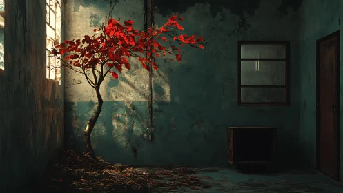 Red tree rewrites silence inside a forgotten teal room