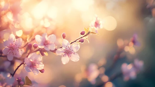 Cherry Blossoms Bathed in Golden Sunlight. Soft Bokeh.