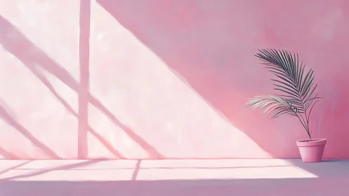 Soft pink studio wall with single potted palm. Minimal calm.