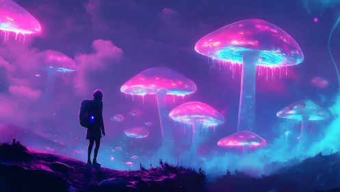 Traveler observes glowing neon mushrooms in misty alien valley