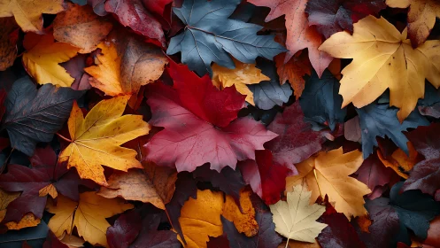 Layered autumn maple leaves in vivid complementary hues.