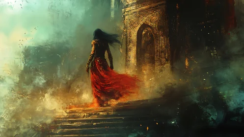 Solitary robed figure on stone steps near ornate gateway.