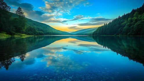 Gentle sunrise over a mirror-still forest mountain lake.