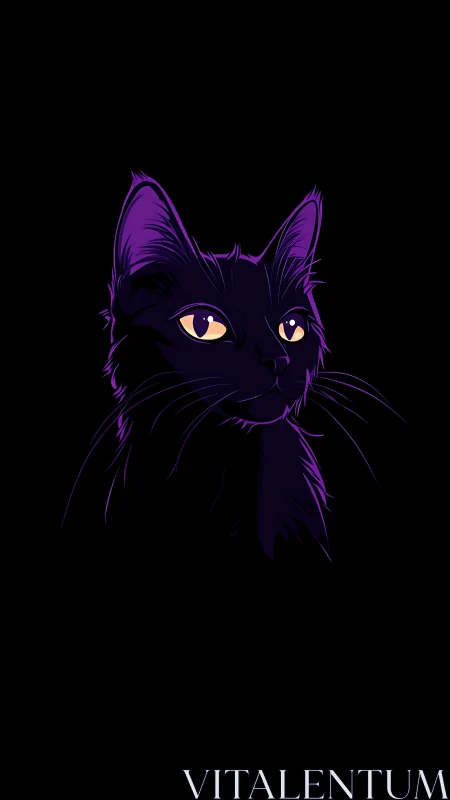 Purple-toned cat illustration with luminous amber eyes against black background.