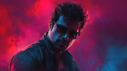 Cinematic male portrait uses neon rim lighting and high contrast shadows