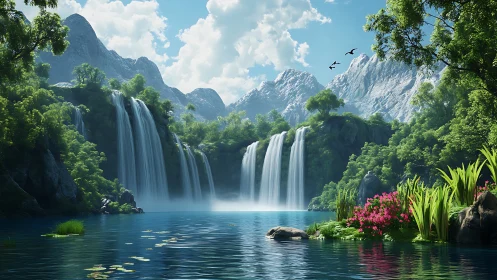 Mountain valley waterfalls over lake with dense green forest.