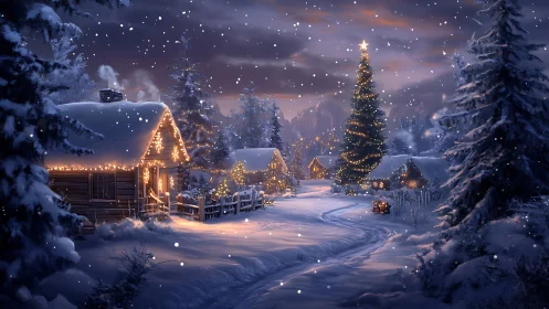 Snowy village lights glowing under a gentle winter sky.