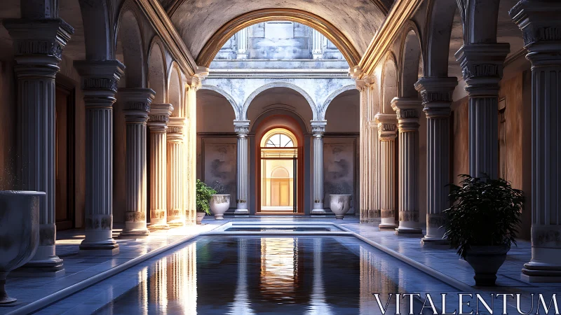 Neoclassical courtyard colonnade with reflective central pool.