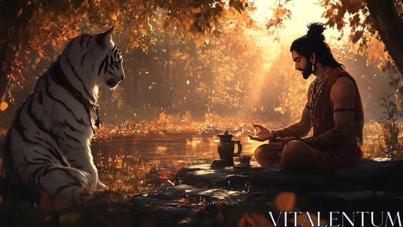 Quiet autumn meeting unites calm sage and patient white tiger